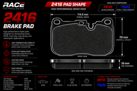 Thumbnail for A technical product diagram for a 2416 brake pad by Race Technologies, showing front and side views with dimensions, specifications, and available compounds RE10 and TS20 on a black background.