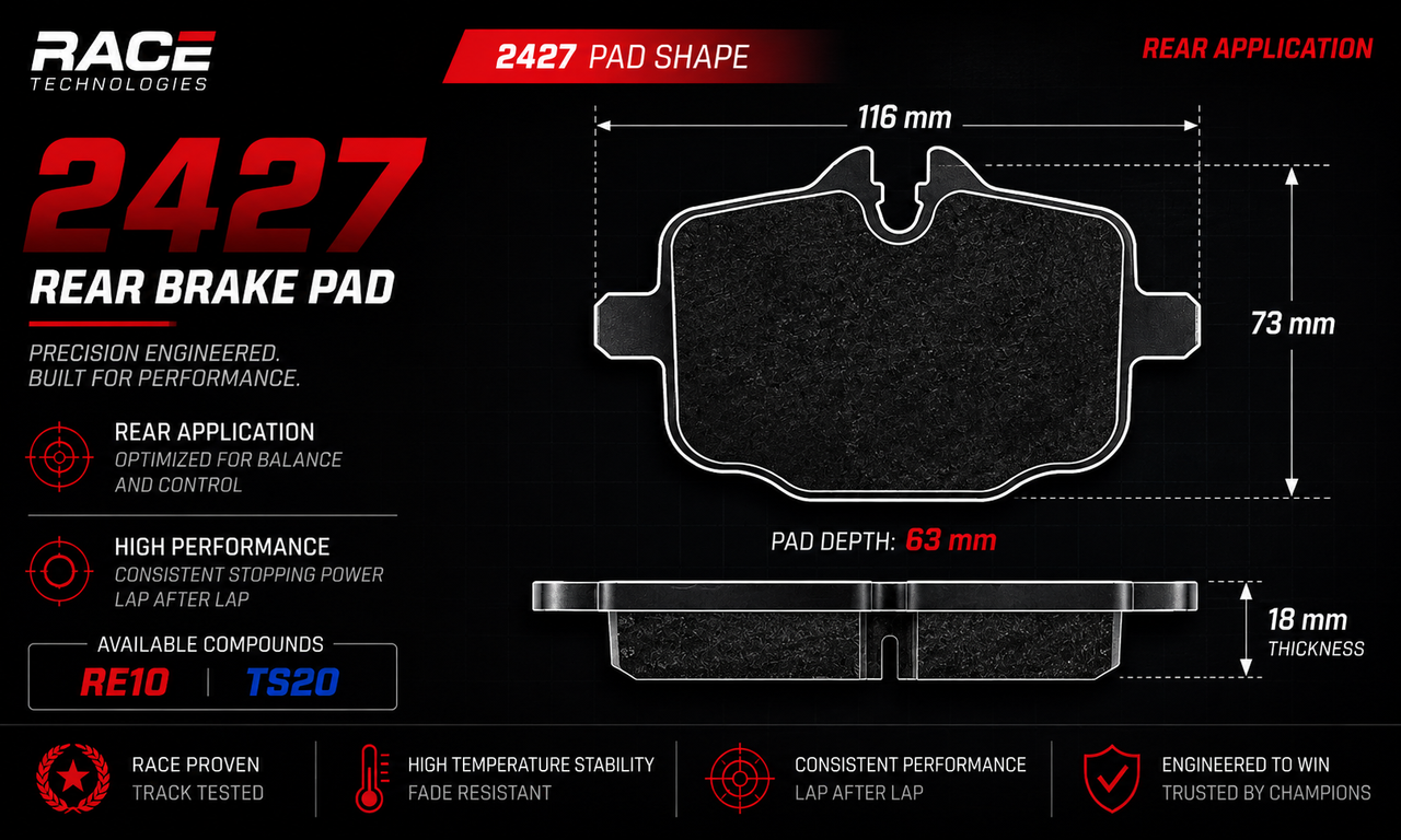 Technical specification graphic for a RACE TECHNOLOGIES 2427 rear brake pad, showing the pad shape with dimensions of 116 mm, 73 mm, and 63 mm pad depth, plus 18 mm thickness, on a black background with red and white text.