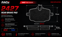 Thumbnail for Technical specification graphic for a RACE TECHNOLOGIES 2427 rear brake pad, showing the pad shape with dimensions of 116 mm, 73 mm, and 63 mm pad depth, plus 18 mm thickness, on a black background with red and white text.