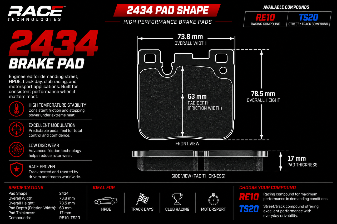 Technical specification sheet for a 2434 brake pad by Race Technologies, showing front and side views with dimensions, material details, and available compounds RE10 and TS20.