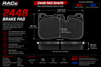 Thumbnail for Technical specification sheet for a Race Technologies 2448 brake pad shape by Race Technologies, showing front and side views with dimensions, performance features, and available compound options RE10 and TS20.