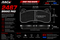 Thumbnail for Technical specification sheet for a 2467 brake pad by Race Technologies, showing a front and side view of the pad with dimensions, material details, and compound options RE10 and TS20.