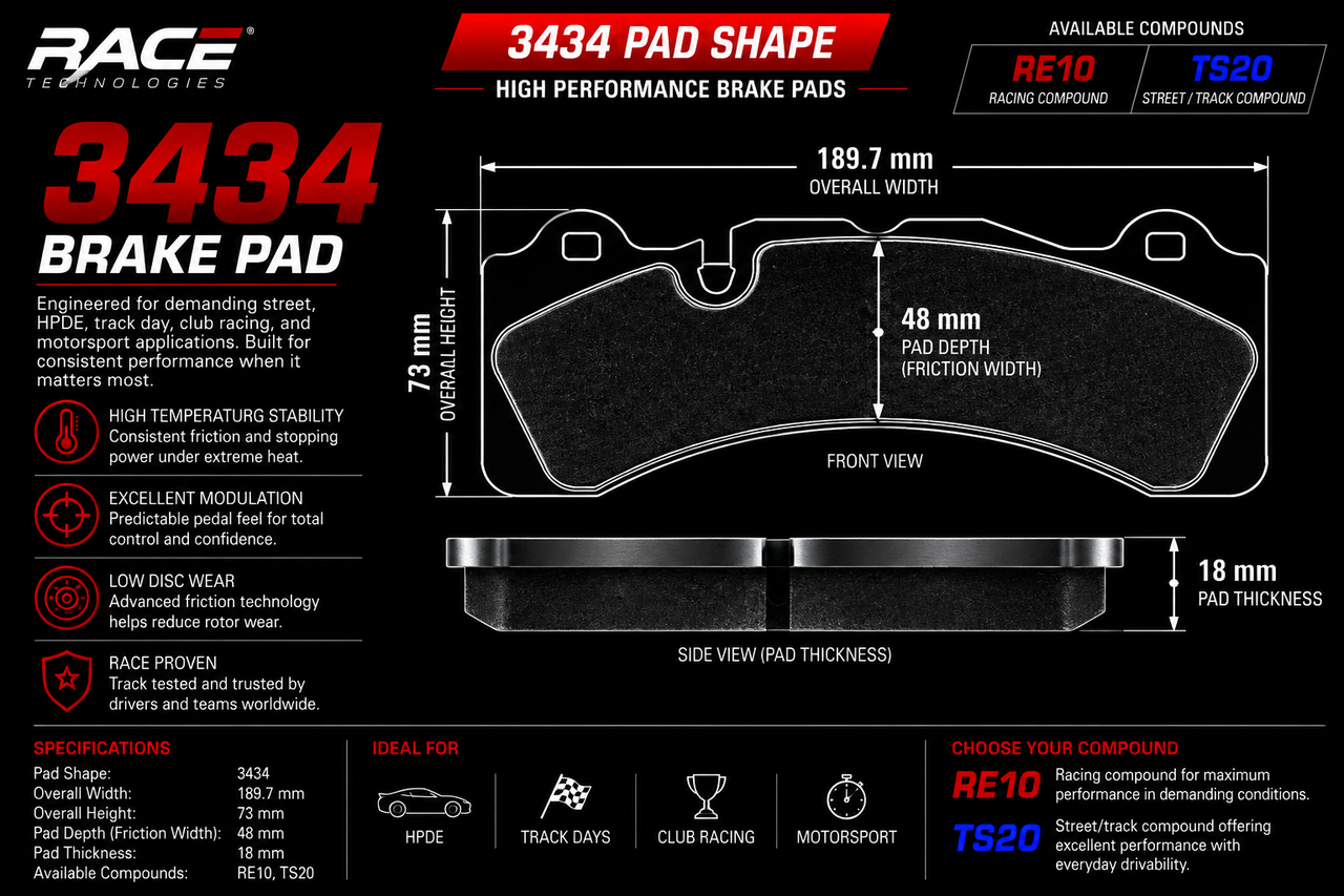 Technical specification sheet for a Race Technologies 3434 brake pad, showing a front and side view diagram with dimensions, material features, and available compounds RE10 and TS20 from Race Engineering.