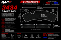 Thumbnail for Technical specification sheet for a Race Technologies 3434 brake pad, showing a front and side view diagram with dimensions, material features, and available compounds RE10 and TS20 from Race Engineering.