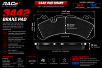 Thumbnail for Technical specification sheet for a 3442 brake pad shape by Race Technologies, showing front and side views of the pad silhouette with dimensions, plus material and compound options RE10, TS20, and RE10/TS20.
