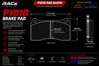 Thumbnail for Technical specification sheet for a RACE TECHNOLOGIES P1010 brake pad, showing front, side, and overall dimensions with compound options RE10 and TS20.
