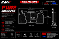 Thumbnail for Technical product diagram for a RACE TECHNOLOGIES P1012 brake pad, showing front view and side view dimensions, pad shape, and available compounds RE10 and TS20 on a black background.