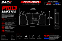 Thumbnail for A black technical specification sheet for a RACE TECHNOLOGIES P1013 brake pad, showing front and side views with dimensions, icons, and available compound options RE10 and TS20.