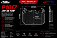 Thumbnail for A technical specification and measurement graphic for a RACE TECHNOLOGIES P1017 brake pad, showing front and side views with dimensions, performance features, and available compound options RE10 and TS20.