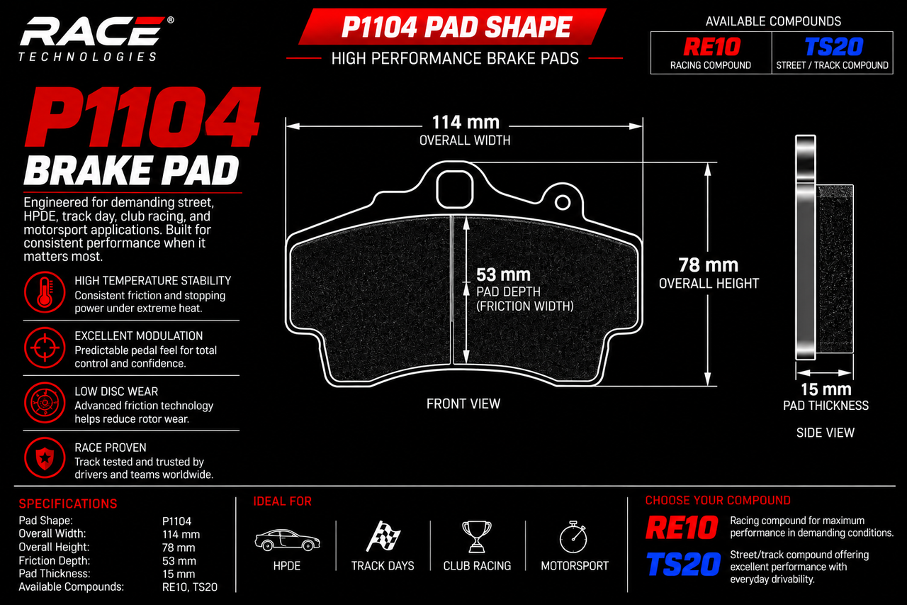 Technical specification sheet for a RACE TECHNOLOGIES P1104 brake pad, showing front, side, and side-view dimensions with text detailing material options RE10 and TS20.