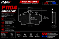 Thumbnail for Technical specification sheet for a RACE TECHNOLOGIES P1104 brake pad, showing front, side, and side-view dimensions with text detailing material options RE10 and TS20.