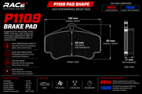 Thumbnail for Technical specification sheet for a RACE TECHNOLOGIES P1109 brake pad, showing front and side views with dimensions, material features, and compound options RE10 and TS20 on a black background.
