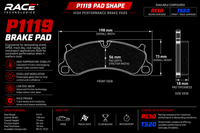 Thumbnail for Technical product information graphic for a RACE TECHNOLOGIES P1119 brake pad, showing front view and side view dimensions, material specs, and available compounds RE10 and TS20 on a black background.