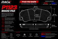 Thumbnail for Technical product graphic for a RACE TECHNOLOGIES P1123 brake pad, showing the pad cross-section with dimensions, front and side views, and compound options RE10 and TS20.