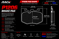 Thumbnail for Technical specification sheet for the RACE TECHNOLOGIES P1206 Brake Pad, showing a front view and side view of the pad shape with dimensions, compound options RE10 and TS20, and feature highlights.