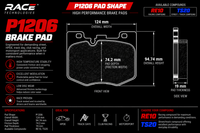 Thumbnail for A black technical specification sheet for a RACE TECHNOLOGIES P1206 brake pad, showing front, side, and overall dimensions, along with feature icons and compound options RE10 and TS20.