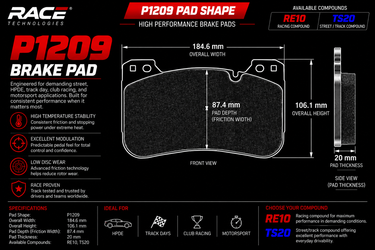 Technical specification sheet for a RACE TECHNOLOGIES P1209 Brake Pad, showing front and side views with dimensions, performance features, and available compounds RE10 and TS20.
