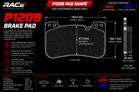 Thumbnail for Technical specification sheet for a RACE TECHNOLOGIES P1209 Brake Pad, showing front and side views with dimensions, performance features, and available compounds RE10 and TS20.