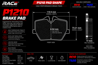 Thumbnail for Technical specification sheet for a RACE brand P1210 high performance brake pad, showing front, side, and depth measurements, material features, and compound options RE10 and TS20.