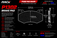 Thumbnail for Technical specification sheet for the RACE TECHNOLOGY P1302 Brake Pad, showing front and side view diagrams with dimensions, performance features, and available compound choices RE10 and TS20.