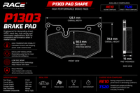 Thumbnail for Technical specification sheet for a RACE TECHNOLOGY P1303 High Performance Brake Pad, showing front and side views with dimensions, material features, and available compound options RE10 and TS20.