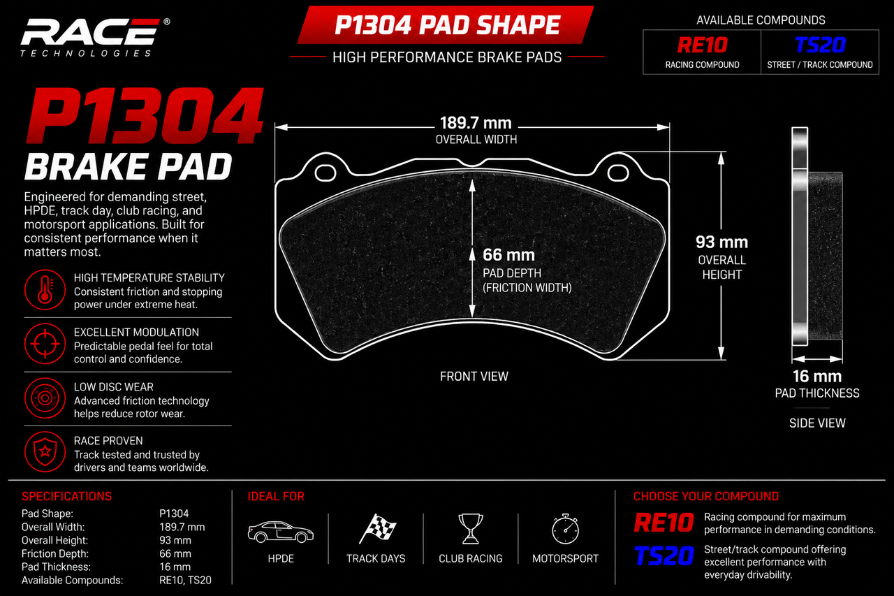 Technical specification sheet for a P1304 brake pad from Race Technology, showing front and side view dimensions, performance features, and compound choice options RE10 and TS20.