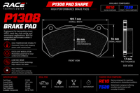 Thumbnail for Technical product graphic for a RACE TECHNOLOGIES P1308 brake pad, showing front and side views with dimensions, plus feature callouts and compound options RE10 and TS20.