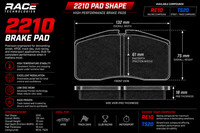 Thumbnail for Technical product graphic for a Race Technologies 2210 brake pad., showing front and side views of the pad cross-section with dimensions, plus feature callouts and available compound options RE10 and TS20.