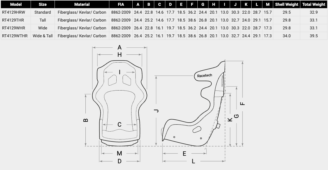 Racetech RT4129HR Race Seat Size Chart image
