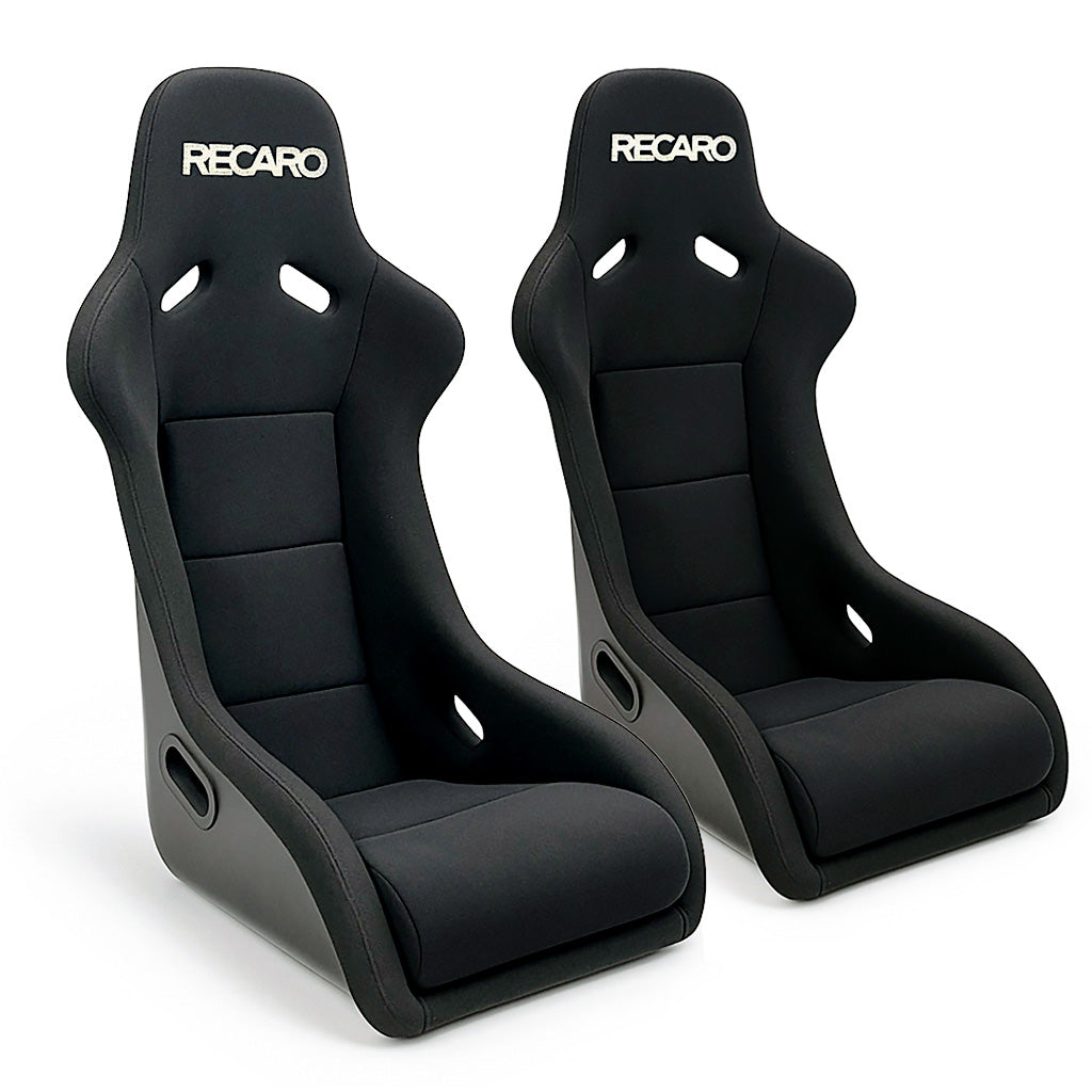A pair of black velour Recaro Pole Position RCF Infusion Limited Edition racing bucket seats