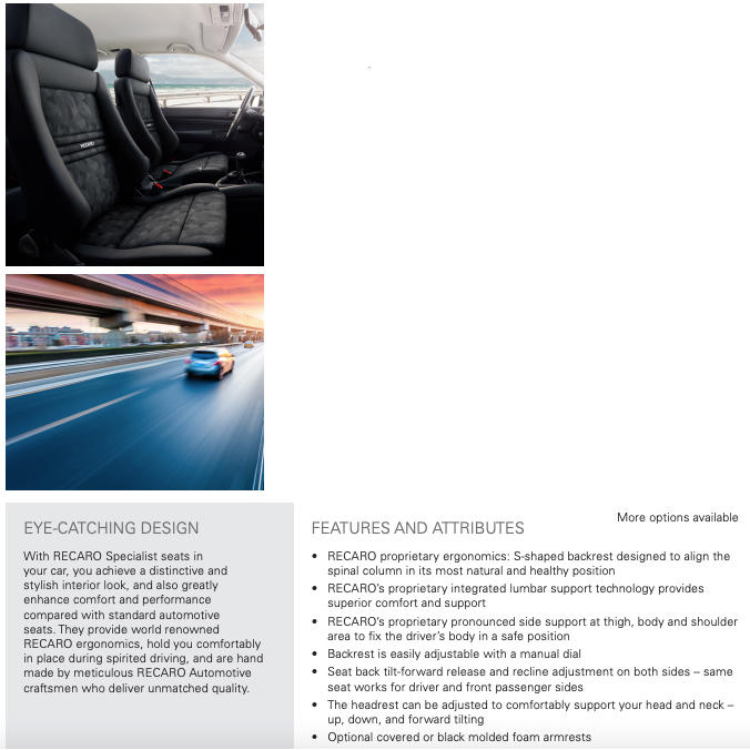 A product information sheet for the RECARO Specialist S, M seat, showing black leather and black nardo upholstery options, a small inset photo of the seat installed in a car, and detailed feature and attribute text on a white background.