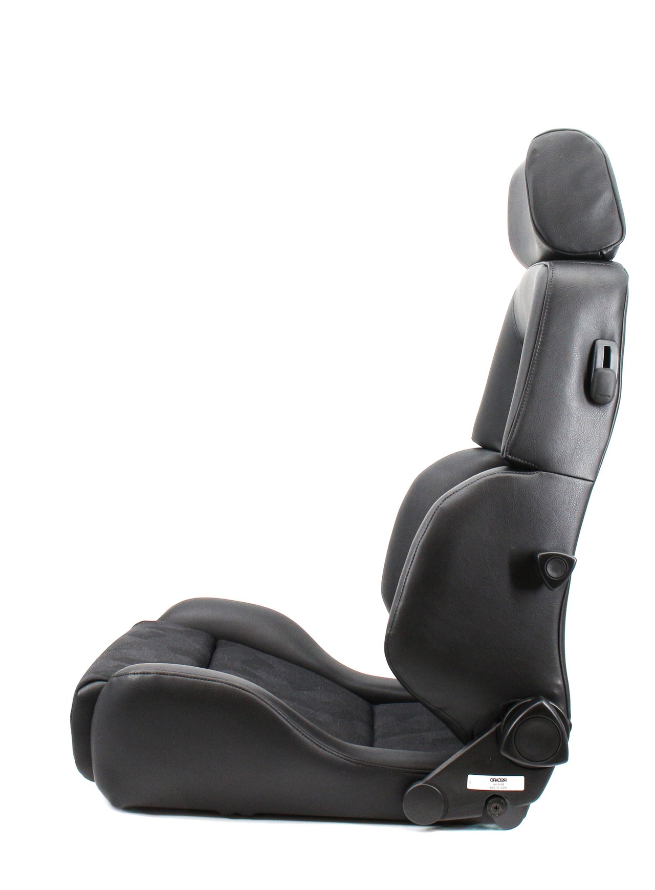 A Recaro Expert  hero image  leather car bucket seat with a headrest and side adjustment controls, shown in profile against a solid white background.