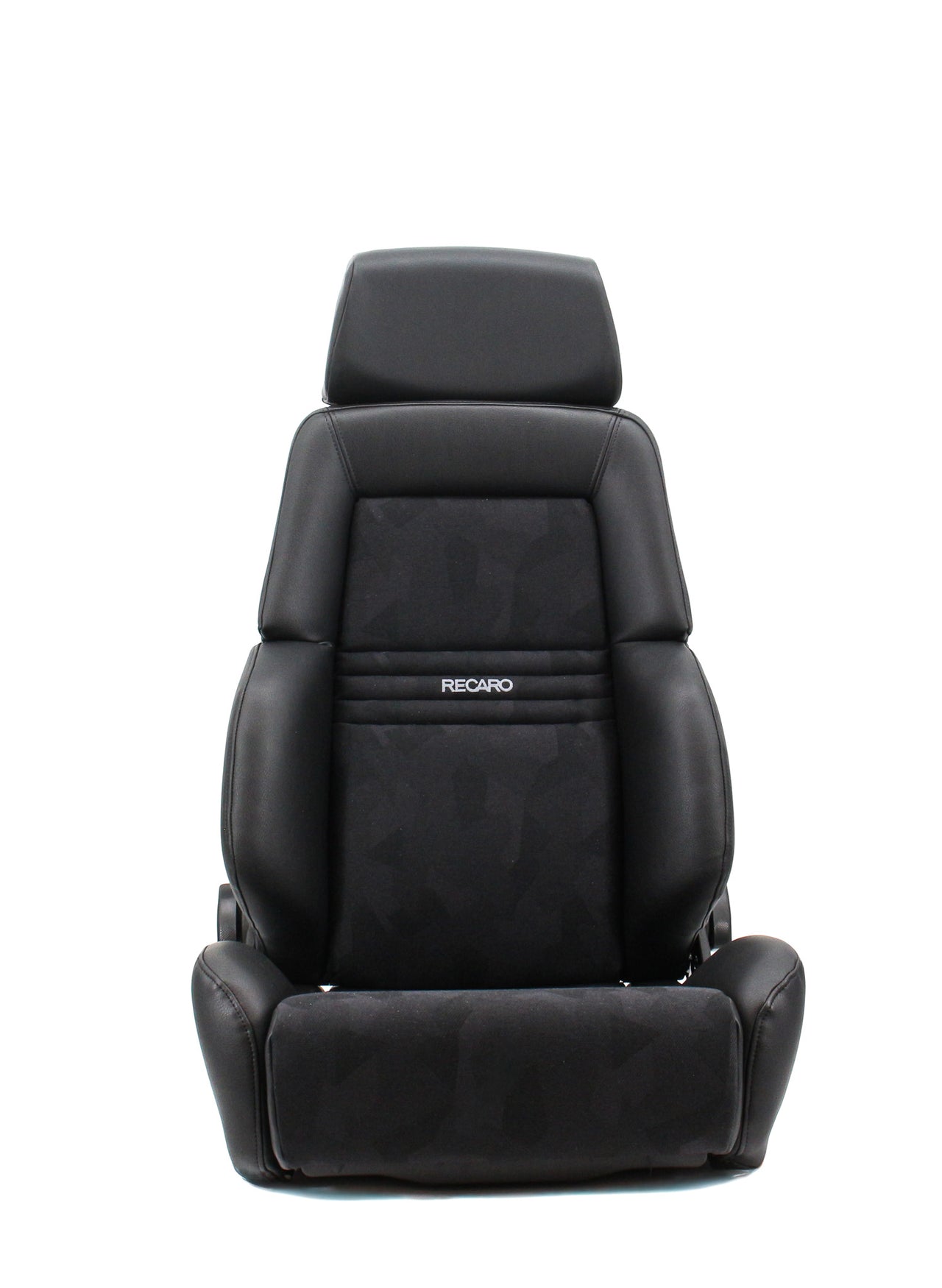 A black Recaro car seat with a textured patterned center panel and white Recaro branding, shown against a plain white background.