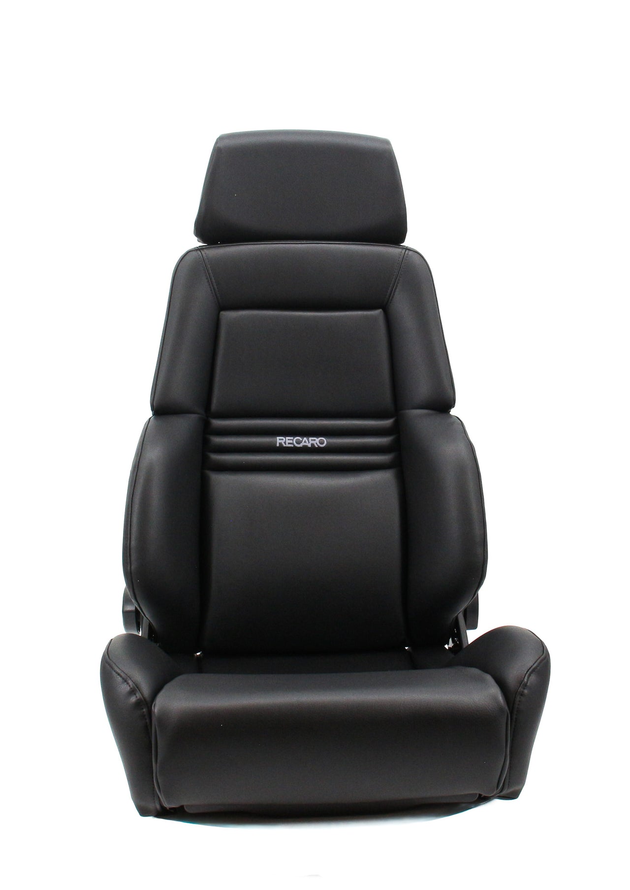 A black Recaro Expert  leather car seat shown from the front against a plain white background.