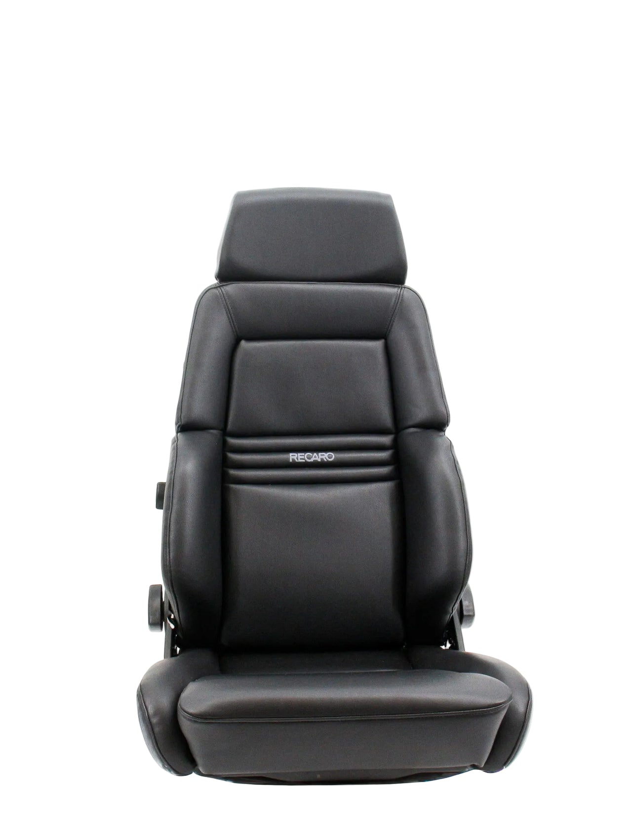 A black leather Recaro car seat with a headrest, shown from the front against a plain white background.