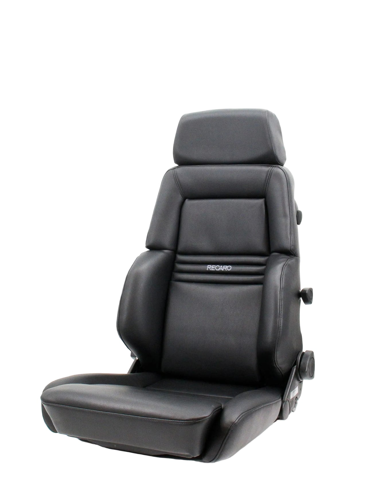A black leather car seat with a headrest and side adjustment knobs, featuring the 'RECARO' brand name embroidered on the center of the backrest, set against a plain white background.