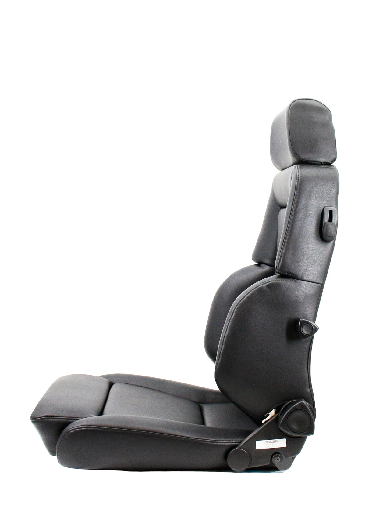 A Recaro black leather car bucket seat with an integrated headrest, shown in a side profile view against a solid white background.