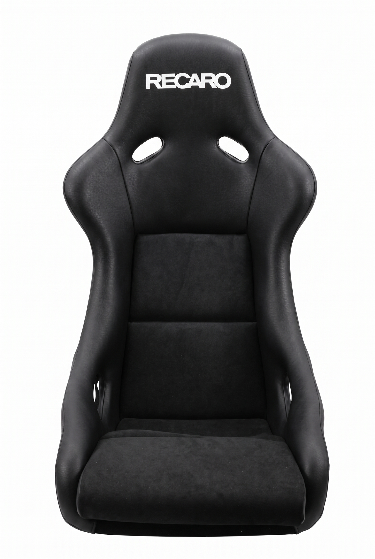 A black Recaro racing bucket seat with a white Recaro logo on the headrest, featuring a combination of smooth black vinyl and textured black suede-like material, shown against a plain white background.