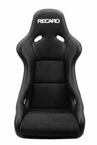 Thumbnail for A black Recaro racing bucket seat with a white Recaro logo on the headrest, featuring a combination of smooth black vinyl and textured black suede-like material, shown against a plain white background.