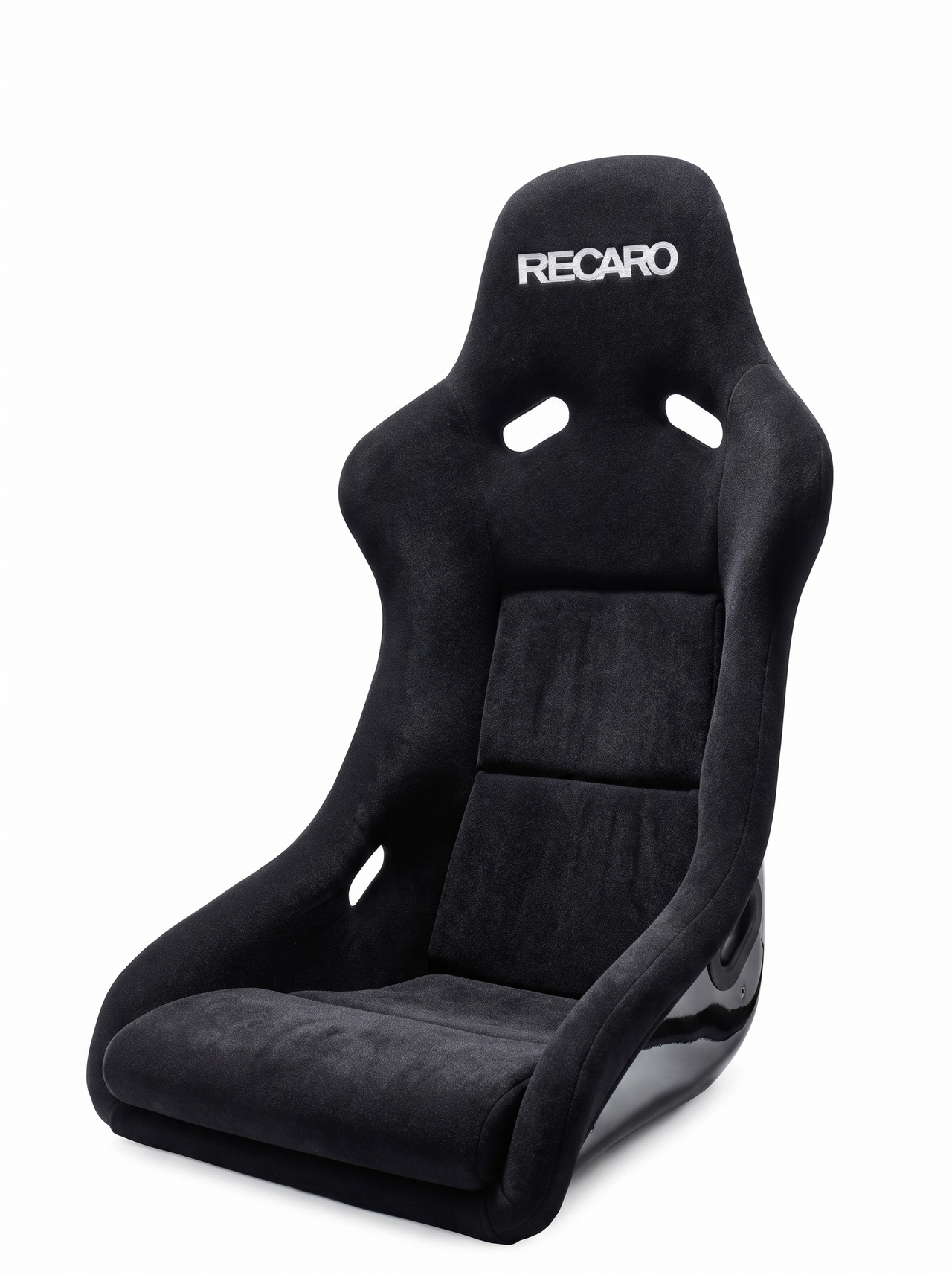 A black Recaro racing bucket seat upholstered in a textured suede-like material, featuring the white Recaro logo on the headrest, set against a plain white background.