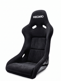 Thumbnail for A black Recaro racing bucket seat upholstered in a textured suede-like material, featuring the white Recaro logo on the headrest, set against a plain white background.