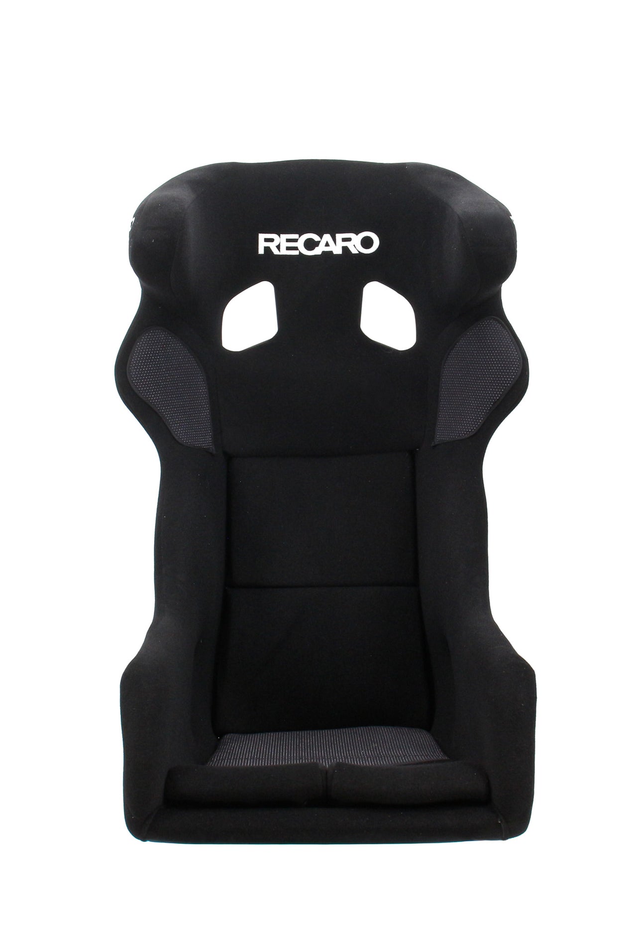 A black Recaro Pole Position racing bucket seat with a white Recaro logo on the headrest, shown against a plain white background.