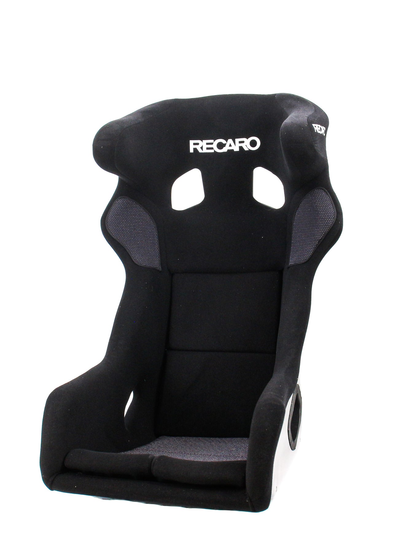 A blackRecaro Pole Position seat with gray mesh side bolsters and a white Recaro logo on the headrest, isolated on a white background.