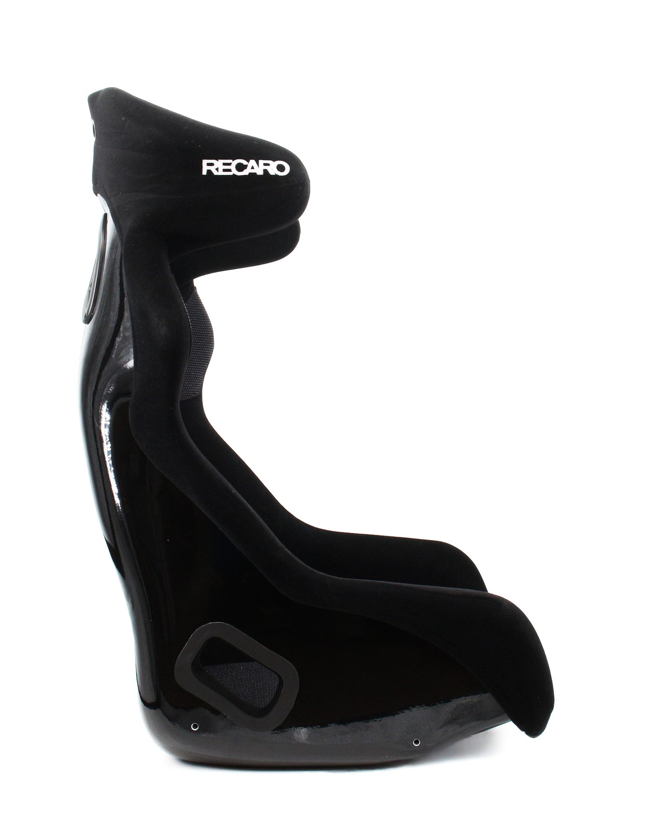 A black Recaro racing bucket seat shell with a glossy black vinyl side panel and black foam inserts, shown from a side profile on a white background.