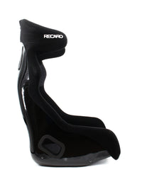 Thumbnail for A black Recaro racing bucket seat shell with a glossy black vinyl side panel and black foam inserts, shown from a side profile on a white background.