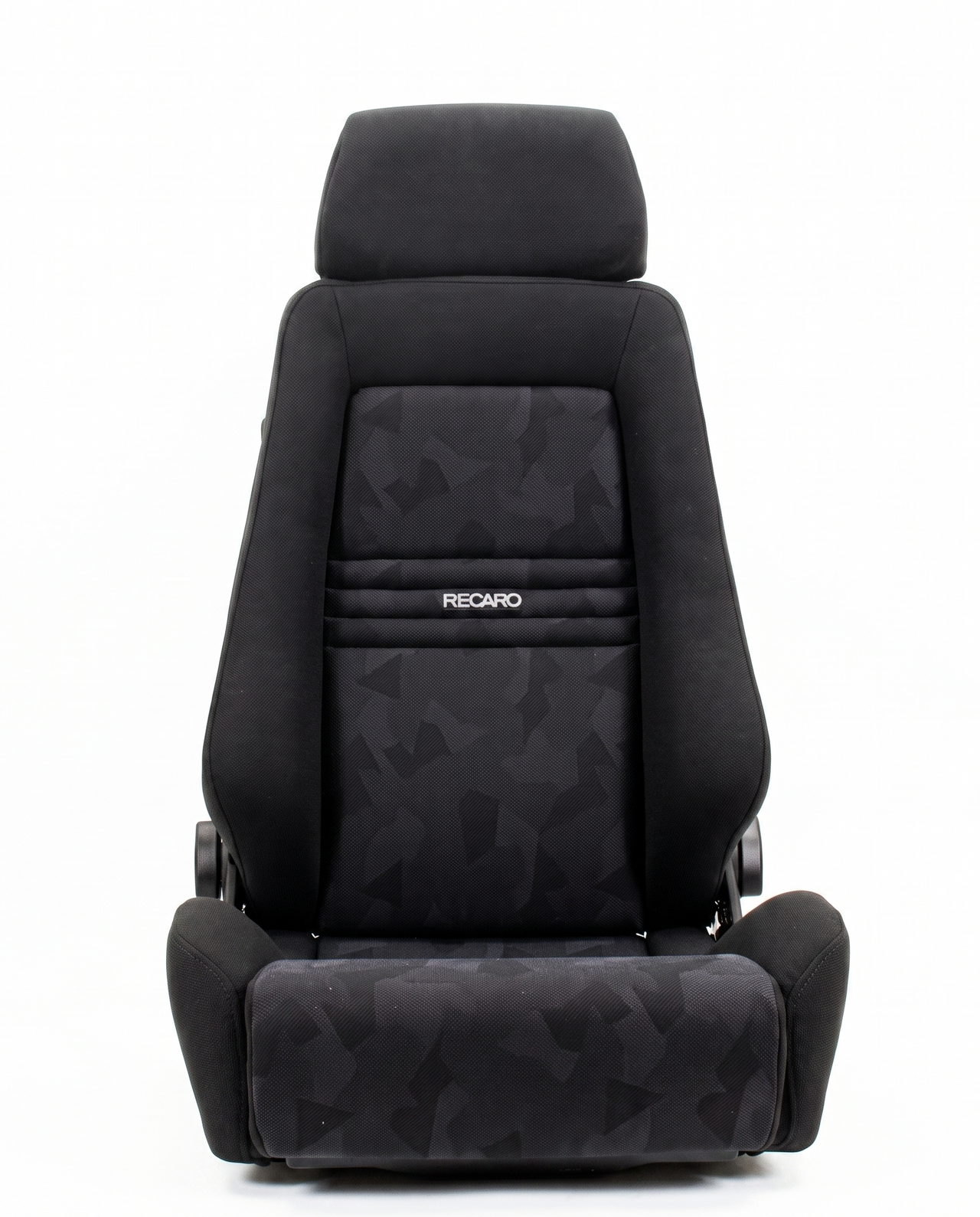 A black Recaro car seat with a abstract pattern on the center and lower sections, shown from a front-facing perspective on a white background.