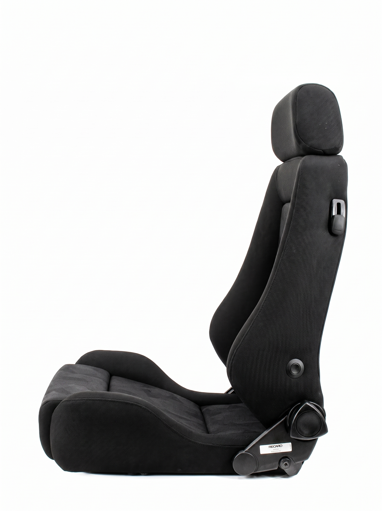 A black racing bucket seat with a high backrest, integrated headrest, and side adjustment controls, shown from a side profile view on a white background.