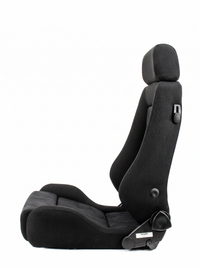 Thumbnail for A black racing bucket seat with a high backrest, integrated headrest, and side adjustment controls, shown from a side profile view on a white background.