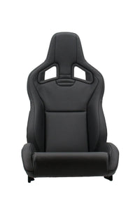 Thumbnail for A black Recaro racing bucket seat with integrated headrest and side bolsters, photographed from the front against a plain white background.