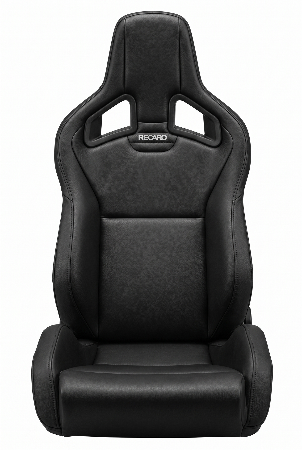 A black leather Recaro racing bucket seat with a high back, side bolsters, and cutout headrest, shown against a plain white background.